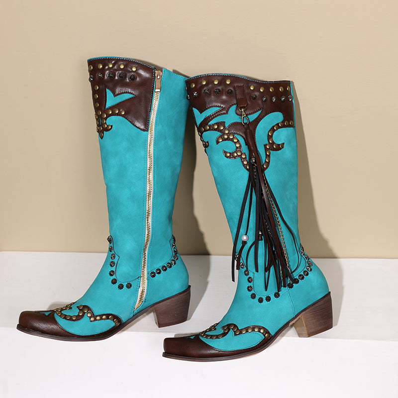 Cindy Studded Blue Cowgirl Boots with Fringe
