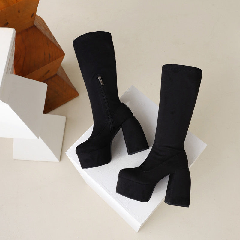 Black Platform Chunky Heel Long Boots Amy
