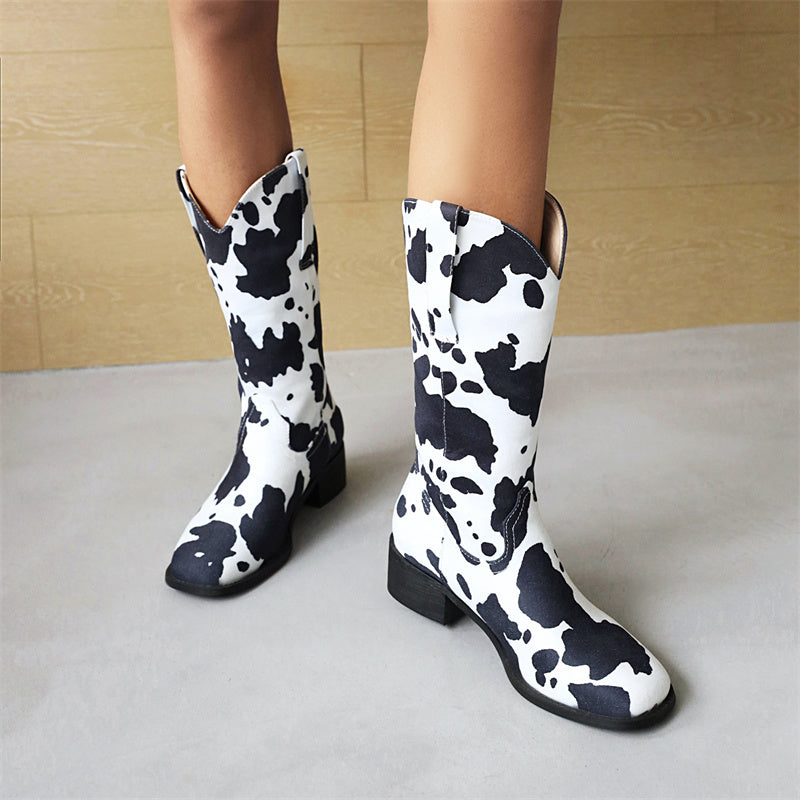 Chaya Cowprint Black Mid Calf Western Boots
