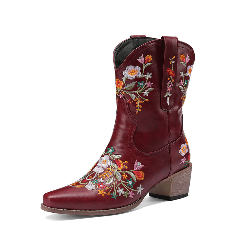 Casey Burgundy Cowboy Boots with Flowers