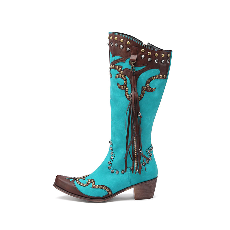 Cindy Studded Blue Cowgirl Boots with Fringe