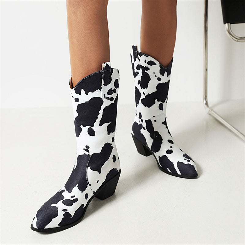 Chana Cowprint Mid Calf Cowgirl Boots Black