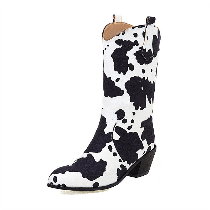 Chana Cowprint Mid Calf Cowgirl Boots Black