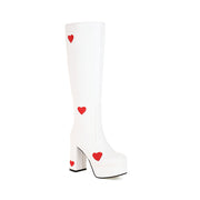 Knee High Platform Heart Boots White