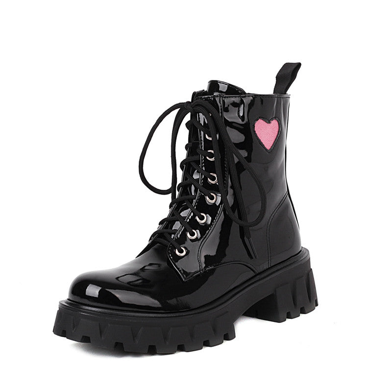 Patent Leather Combat Boots with Pink Heart