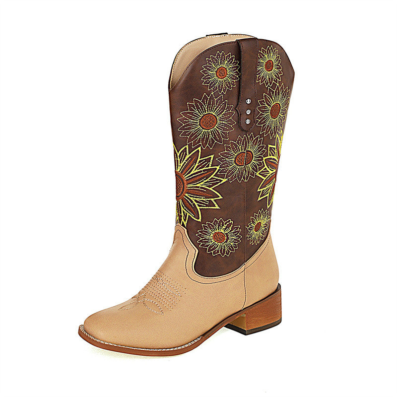 Chloe Flower Cowgirl Boots Square Toe