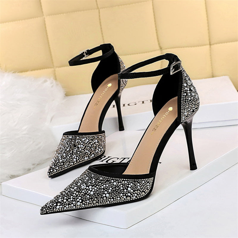 Black ankle strap heels hotsell with rhinestones