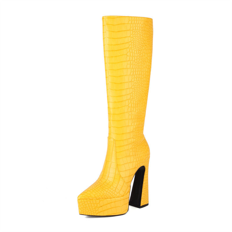 Yellow Knee High Crocodile Boots