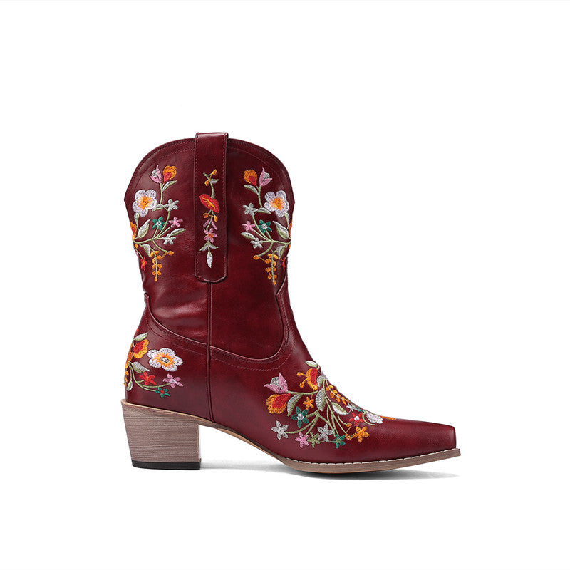 Casey Burgundy Cowboy Boots with Flowers