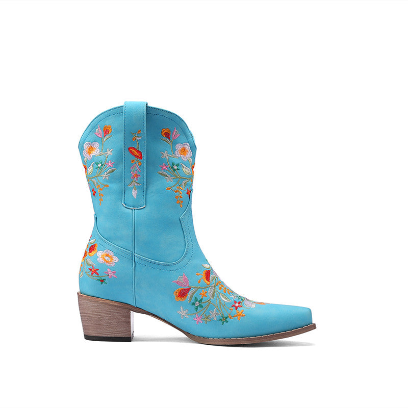 Casey Blue Cowgirl Boots with Flowers