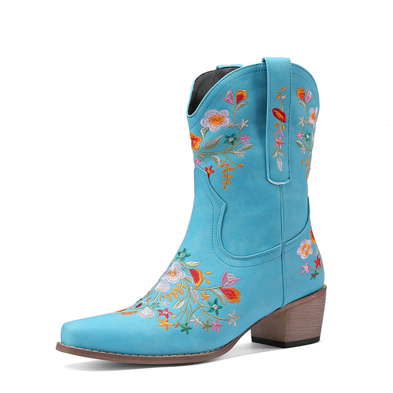 Casey Blue Cowgirl Boots with Flowers