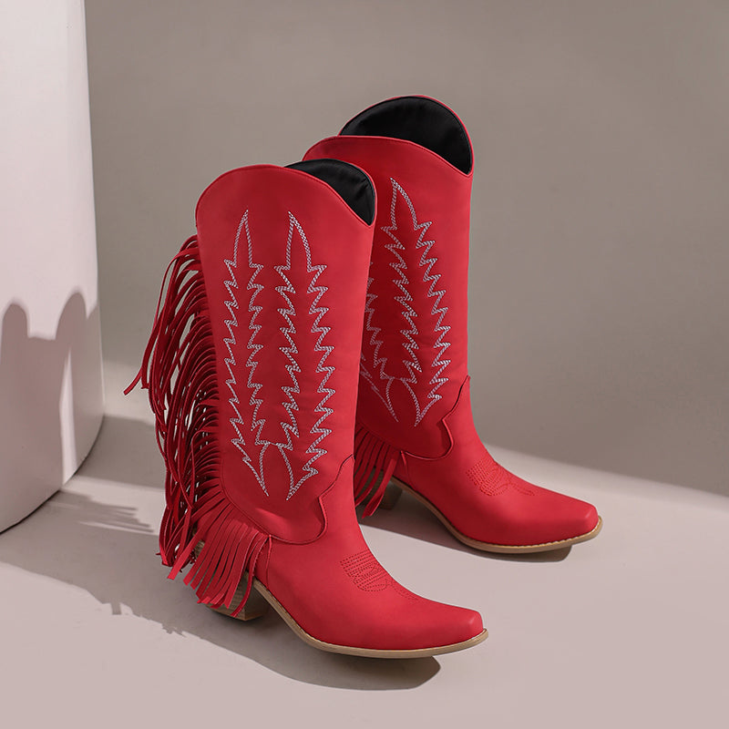 Celia Red Fringe Cowboy Boots Knee High