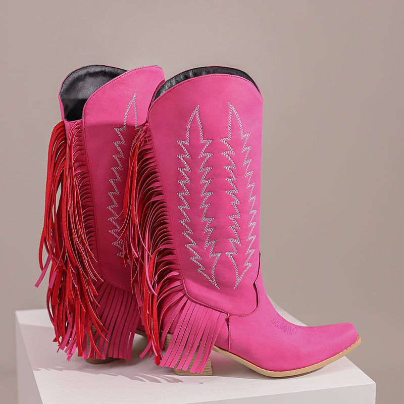 Celia Pink Fringe Cowboy Boots Knee High