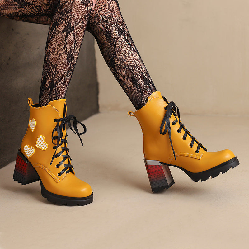 Heart Lace up Heel Boots Yellow