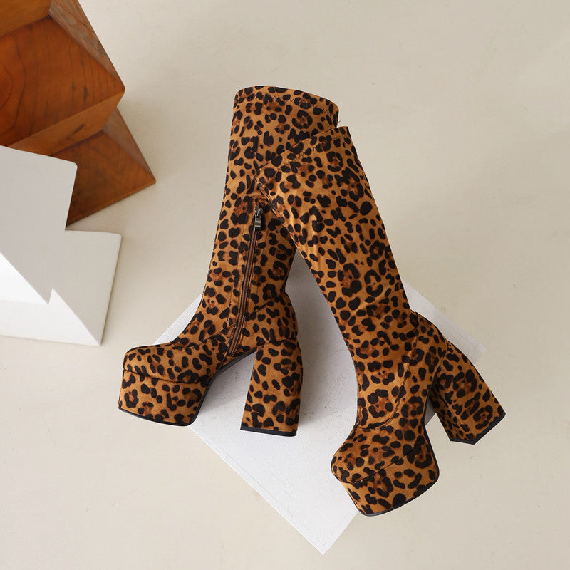 Leopard Print Platform Chunky Heel Knee High Boots Arabella