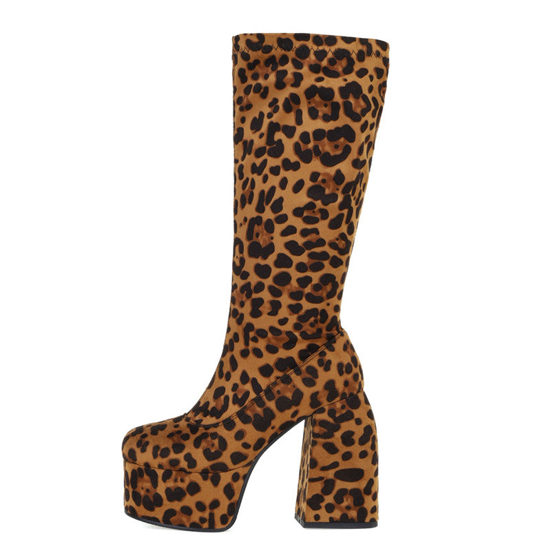 Leopard Print Platform Chunky Heel Knee High Boots Arabella
