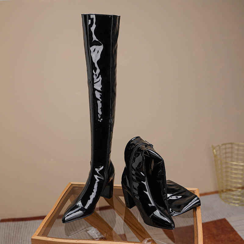 Black Patent Leather Thigh High Boots