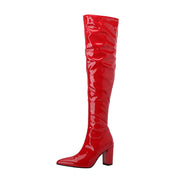 Red Thigh High Boots Block Heel