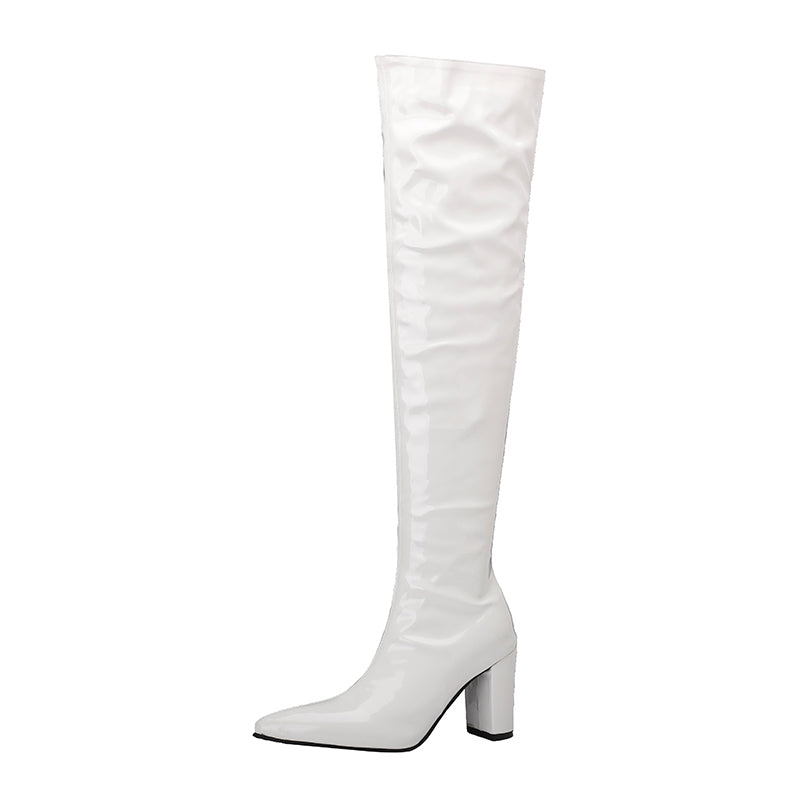 White Thigh High Boots Block Heel