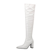 White Thigh High Boots Block Heel