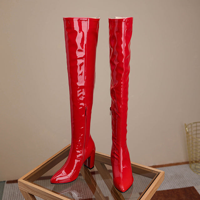 Red Thigh High Boots Block Heel - Balajoy