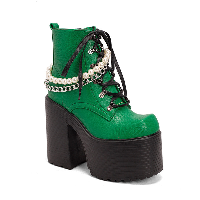 Chunky Heel Green Platform Boots