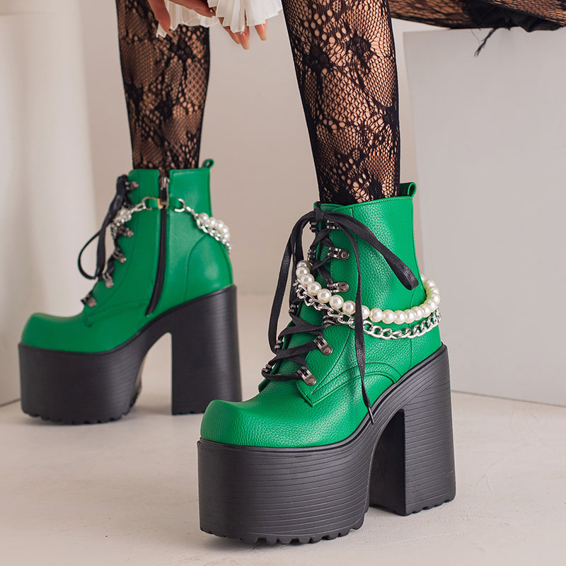 Chunky Heel Green Platform Boots