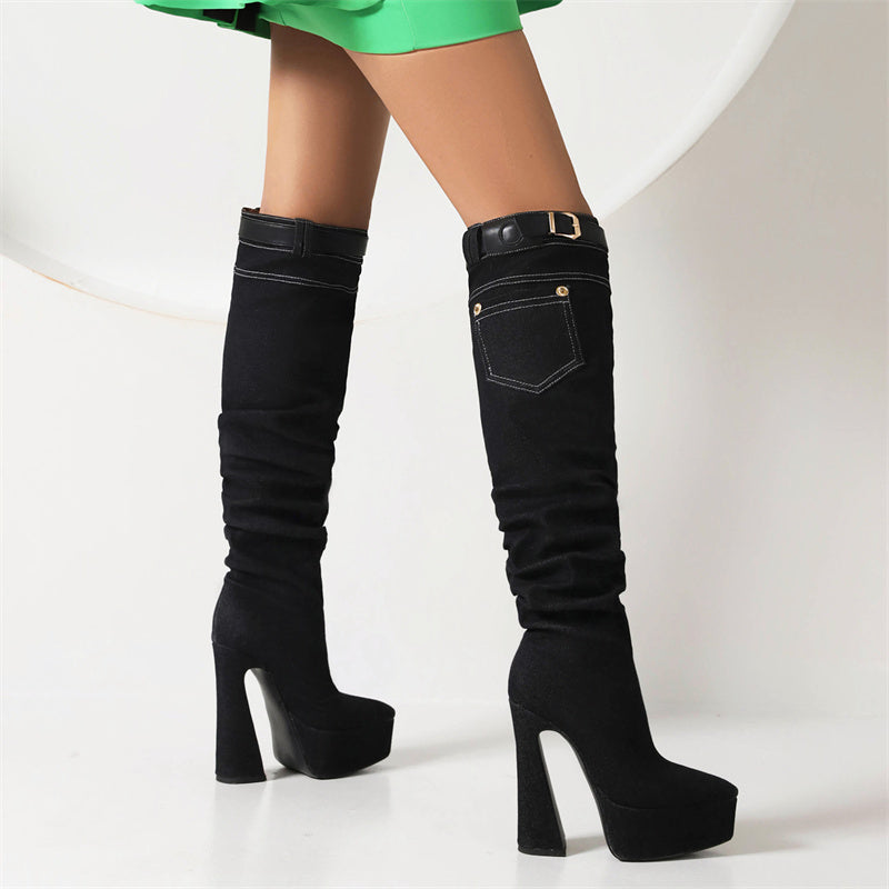 Black Denim High Knee Boots