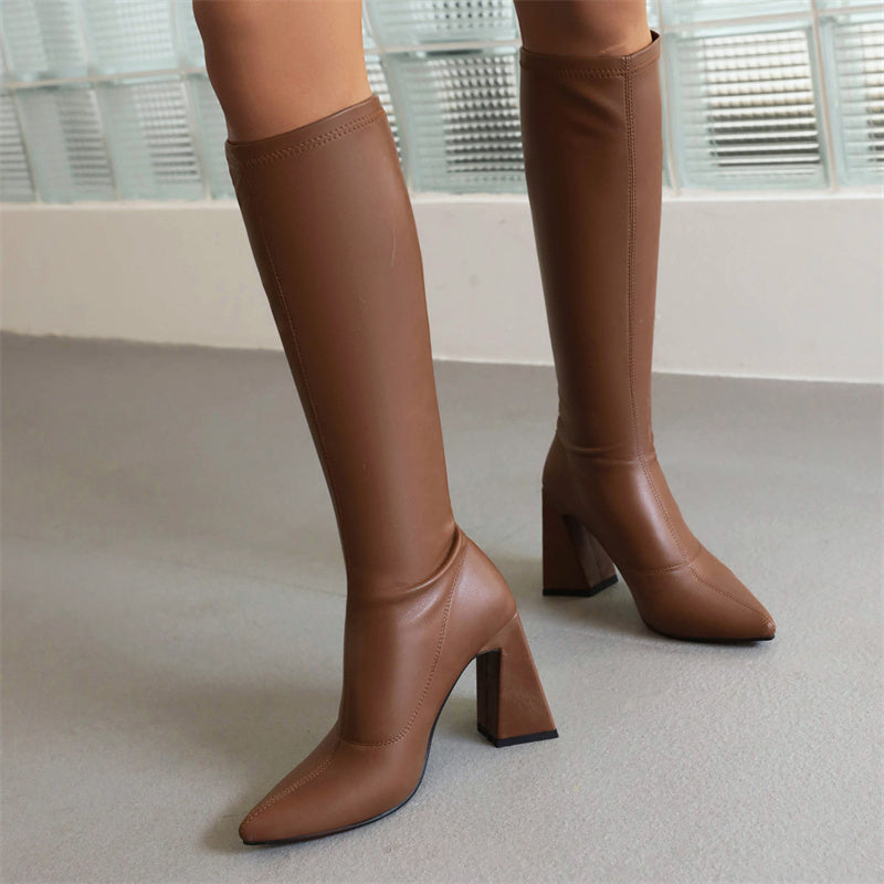 Brown Pointed Toe Boots Knee High