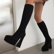 Black Block Heel Knee High Boots