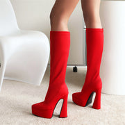 Red Knee High Platform Boots