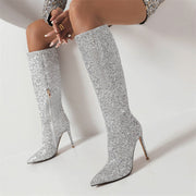 Glitter Knee High Boots Silver