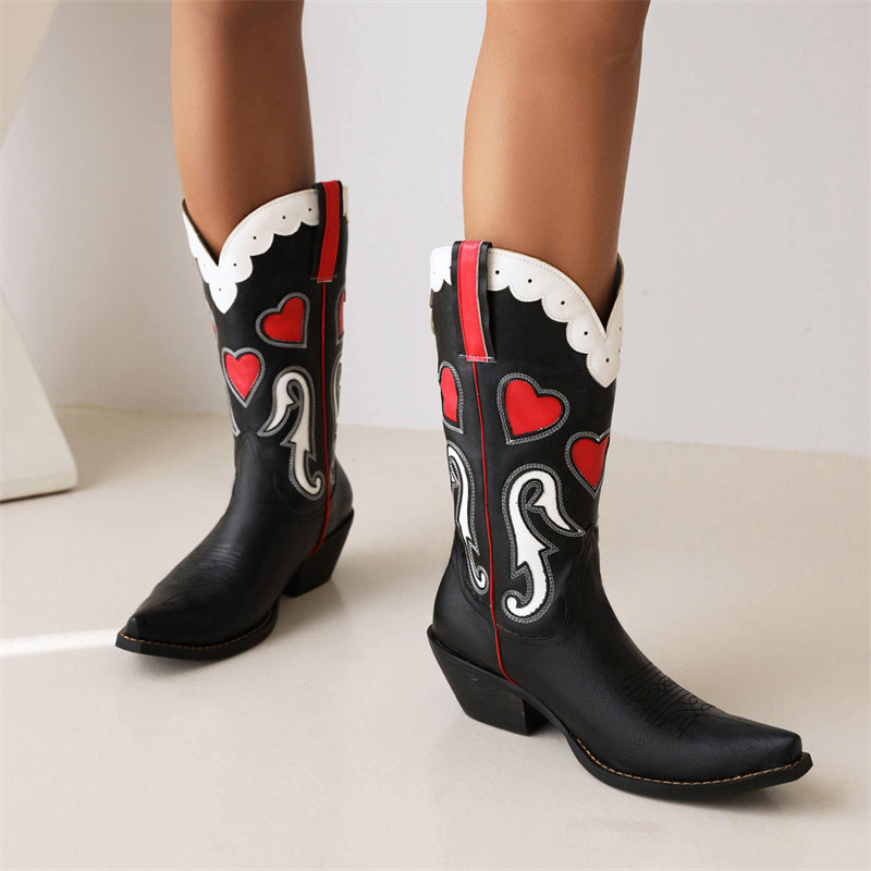 Red and Black Heart Cowboy Boots - Balajoy