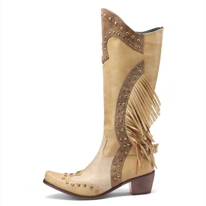 Calla Studded Fringe Cowgirl Boots Nude