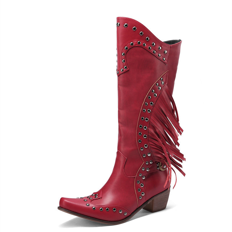 Calla Red Fringe Cowgirl Boots Studded