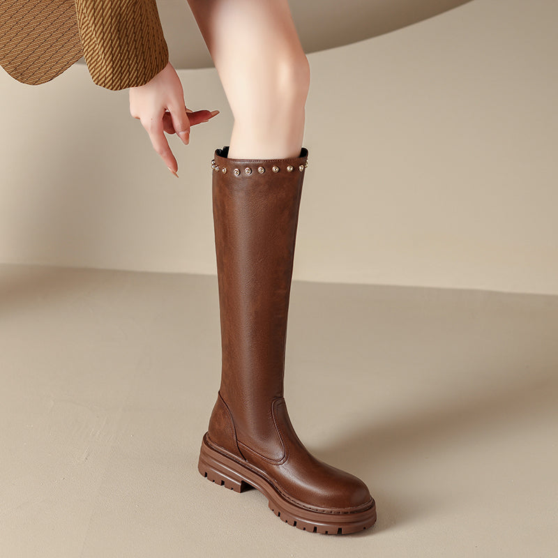 Studded Knee High Boots Brown
