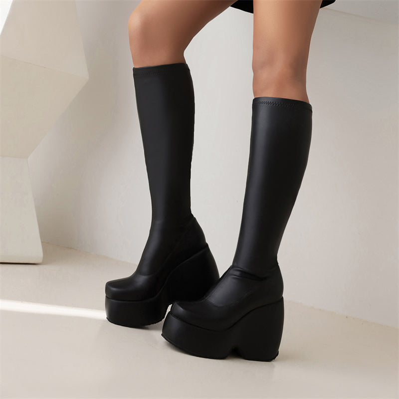 Black Wedge Knee High Boots