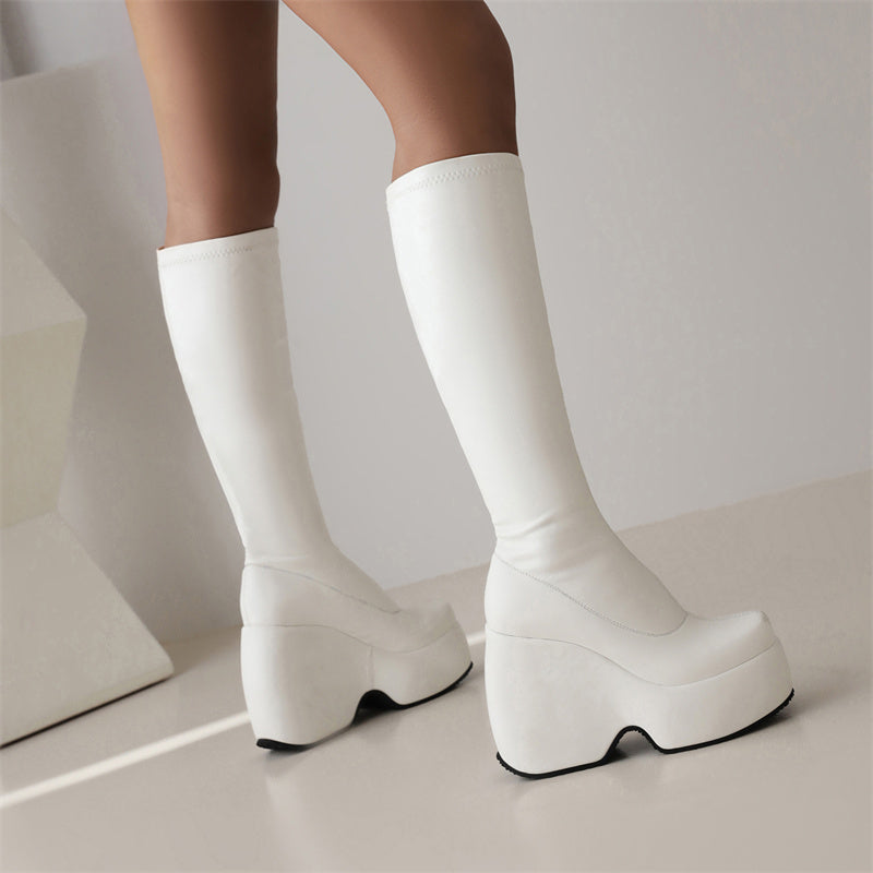 Knee High Wedge Boots White
