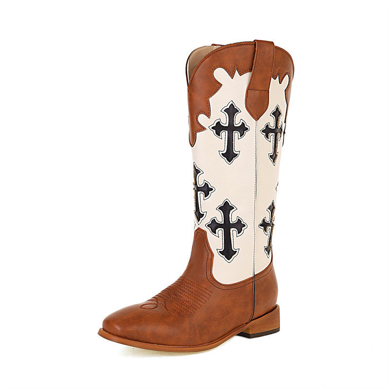 Carly Brown and White Knee High Cowboy Boots